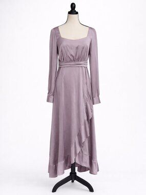 Area Stars Mauve Satin Midi Dress Square Neck Long Sleeve Ruffle Hem Size M